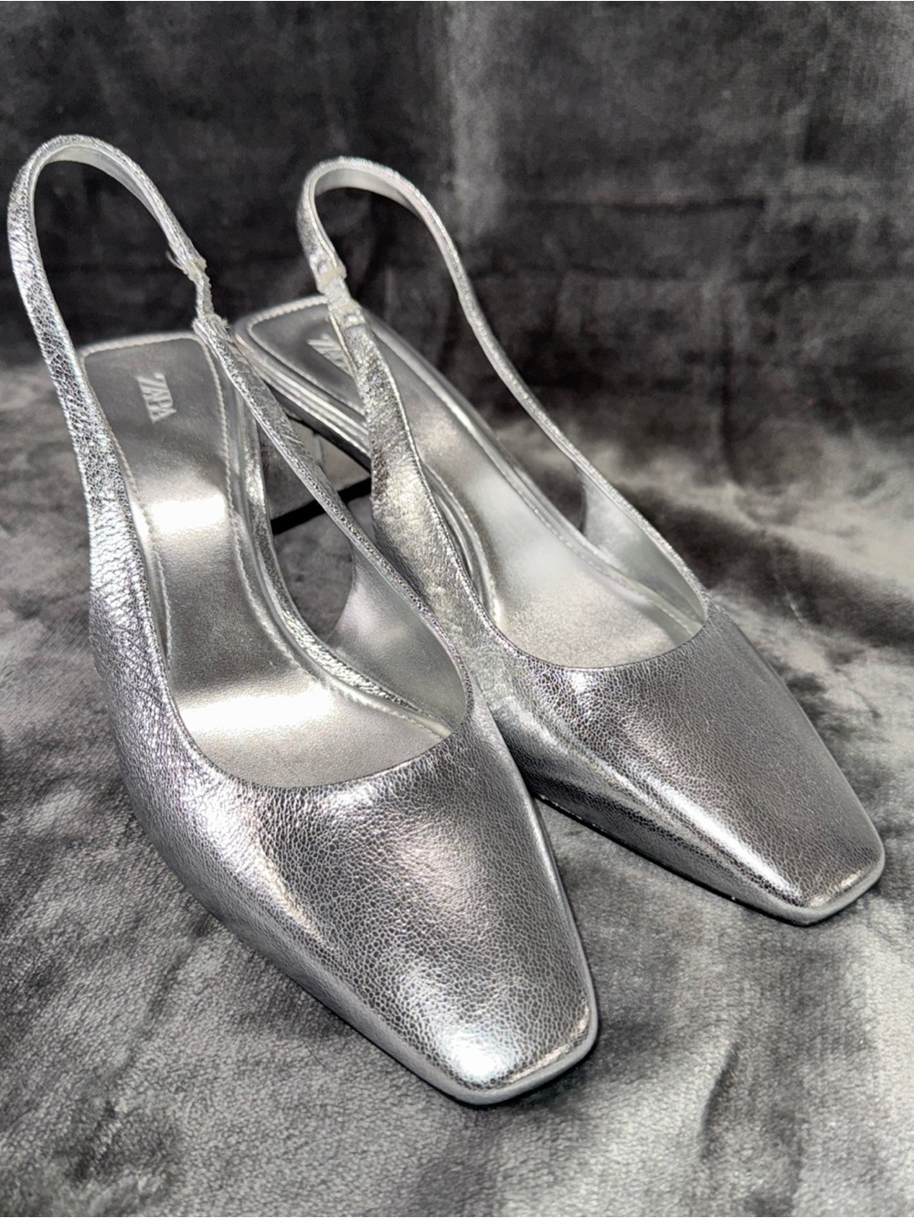 Zara Silver Metallic Slingback Square-Toe Heels